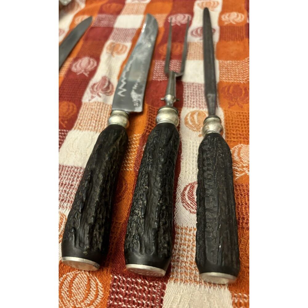 Antique Set of 3, Antler Carving Knife Set, Knife, Fork, Sharpener